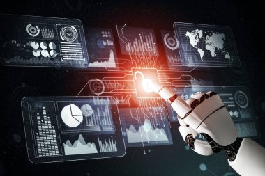 3D Rending Futuristic robot teknolojisi geliştirme, yapay zeka yapay zeka ve makine öğrenme konsepti. Gelecekteki insan hayatı için küresel robot biyonik bilim araştırması. 3B illüstrasyon