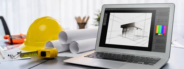 Digital Blueprint Architecture Design Software Laptop Screen Documents Blueprint Layout — Stock Photo, Image