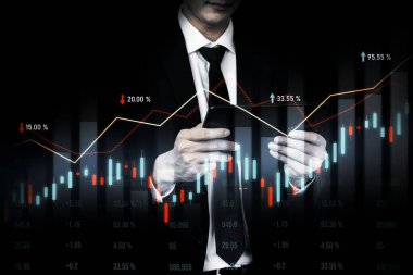 Businessman analyst working with digital finance business data graph showing technology of investment strategy for perceptive financial business decision. Digital economic analysis technology concept.