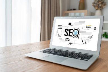 Model e-ticaret için SEO arama motoru optimizasyonu ve bilgisayar ekranında gösterilen çevrimiçi perakende işi