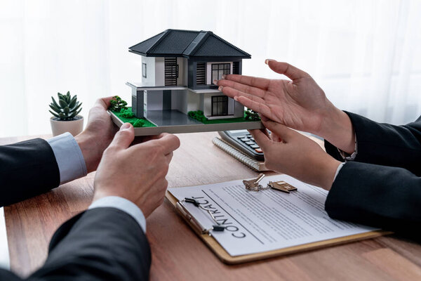 Client and real estate agent review loan contract, discussing term, interest rate, and property ownership. Analyze legal document and thoroughly read agreement before making decision. Jubilant
