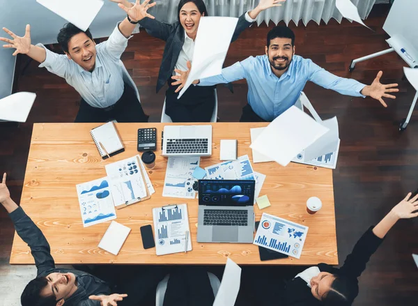 Top View Office Worker Celebrate Meeting Room Throwing Paperwork Air — Stock Photo, Image