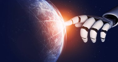 3D Rending Futuristic robot teknolojisi geliştirme, yapay zeka yapay zeka ve makine öğrenme konsepti. Gelecekteki insan hayatı için küresel robot biyonik bilim araştırması. 3B illüstrasyon