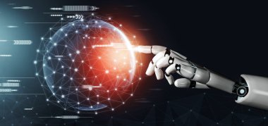 3D Rending Futuristic robot teknolojisi geliştirme, yapay zeka yapay zeka ve makine öğrenme konsepti. Gelecekteki insan hayatı için küresel robot biyonik bilim araştırması. 3B illüstrasyon