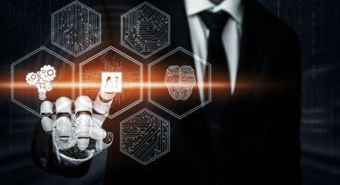 3D Rending Futuristic robot teknolojisi geliştirme, yapay zeka yapay zeka ve makine öğrenme konsepti. Gelecekteki insan hayatı için küresel robot biyonik bilim araştırması. 3B illüstrasyon