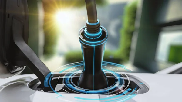 EV charger plug into electric car, display digital hologram for electric recharging, below sky closeup shot tree and building. Cutting edge innovation future EV car energy sustainability. Peruse