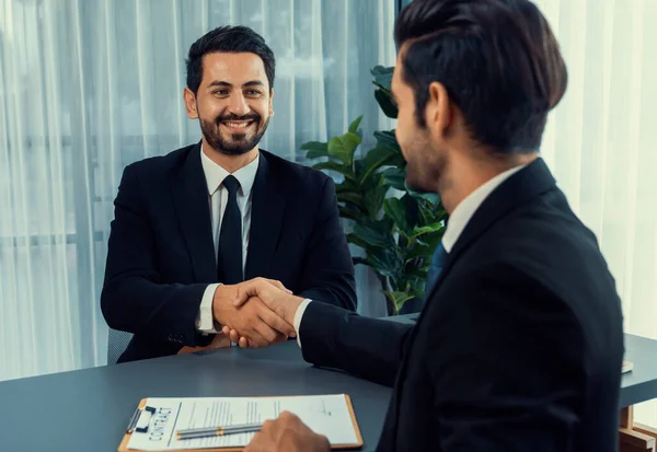 Successful Job Interview Business Office Handshake Positive Discussion Qualifications Application — Stock Photo, Image