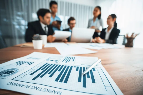 Piles Analyzed Financial Data Dashboard Meeting Table Background Business People — Stock Photo, Image