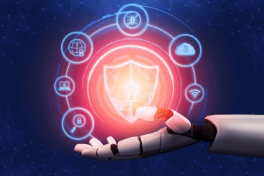 3D Rending Futuristic robot teknolojisi geliştirme, yapay zeka yapay zeka ve makine öğrenme konsepti. Gelecekteki insan hayatı için küresel robot biyonik bilim araştırması. 3B illüstrasyon