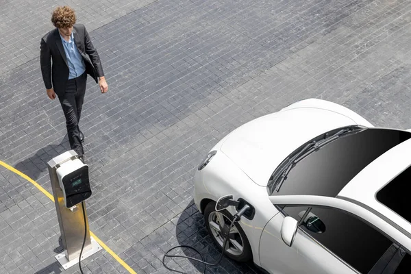 Aerial View Progressive Businessman Black Formal Suit His Electric Vehicle — Photo