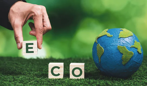 Empresário Mão Segurando Cubo Madeira Com Símbolo Eco Globo Papel — Fotografia de Stock