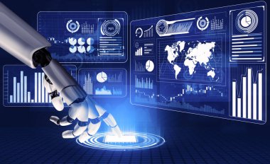 3D Rending Futuristic robot teknolojisi geliştirme, yapay zeka yapay zeka ve makine öğrenme konsepti. Gelecekteki insan hayatı için küresel robot biyonik bilim araştırması. 3B illüstrasyon