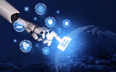 3D Rending Futuristic robot teknolojisi geliştirme, yapay zeka yapay zeka ve makine öğrenme konsepti. Gelecekteki insan hayatı için küresel robot biyonik bilim araştırması. 3B illüstrasyon