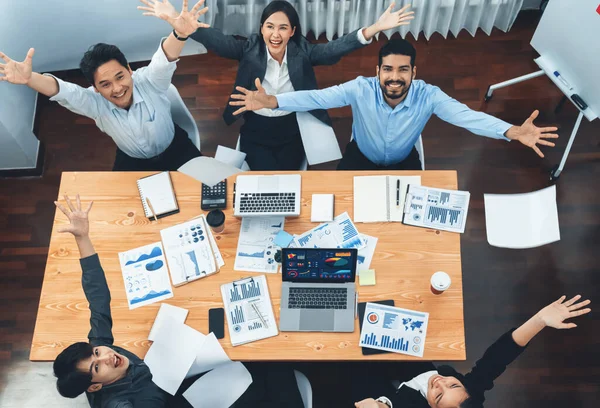 Top View Office Worker Celebrate Meeting Room Throwing Paperwork Air — Stock Photo, Image