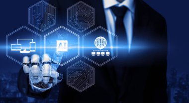 3D Rending Futuristic robot teknolojisi geliştirme, yapay zeka yapay zeka ve makine öğrenme konsepti. Gelecekteki insan hayatı için küresel robot biyonik bilim araştırması. 3B illüstrasyon