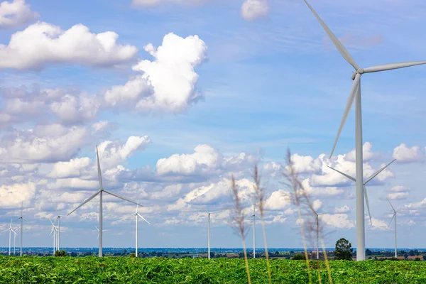利用风能作为可再生能源的渐进方法 在绿地或山丘上的风力涡轮机农场为现代生活方式提供动力 无二氧化碳排放风力发电机组 — 图库照片