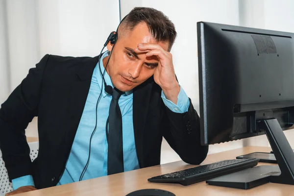 Business People Wearing Headset Feel Unhappy Working Office Failure Negative — Stock Photo, Image