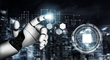 3D Rending Futuristic robot teknolojisi geliştirme, yapay zeka yapay zeka ve makine öğrenme konsepti. Gelecekteki insan hayatı için küresel robot biyonik bilim araştırması. 3B illüstrasyon