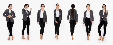 Stüdyo koleksiyonunda resmi bir iş elbisesi giymiş aynı Asyalı kadının beyaz arka plandaki vücut portresinin farklı pozu. Jivy