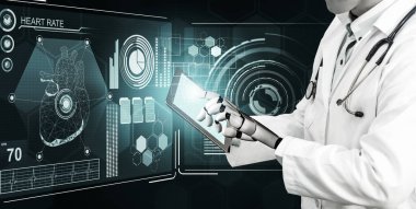 3D tıbbi yapay zeka robotu geleceğin hastanesinde çalışıyor. Hasta ve biyomedikal teknoloji konsepti için gelecekteki protez sağlık hizmetleri.