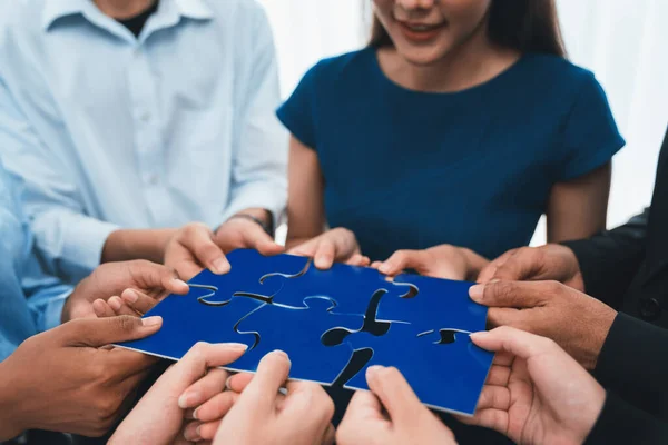 Diverse Corporate Officer Workers Collaborate Office Connecting Puzzle Pieces Represent — Stock Photo, Image