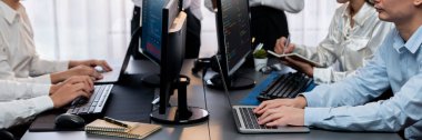 Yazılım geliştirme ekibi ofiste birlikte çalışıyor, bilgisayar ekranında betik görüntülemesi kodluyor. Teknoloji geliştirici şirketinde çalışan programcı ve yazılım mühendisi. Önde.