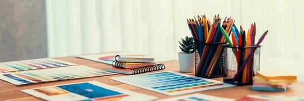 Panorama Shot Various Color Palette Idea Papers Arranged Neatly Workspace — Stock Photo, Image