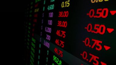 Makro çekim hareketi üzerine borsa kurulu LED ekranı borsa ve finansal verileri gösteriyor. Dinamik borsa endeksi değer artışı ve eğilim yatırımı için düşüş.