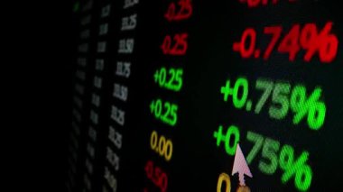Borsa yönetim kurulunun yakın çekim makro çekim hareketi, tüccar LED ekranı, verileri analiz ve pazar eğilimini izleme. Ticker ve indeks hisse senedi ticaretinin dinamik doğası olarak değişen fiyatları gösteriyor