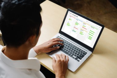 Ekip projesinin zaman çizelgesini gösteren bilgisayar ekranında, modern iş projesi yönetimi için proje planlama yazılımı