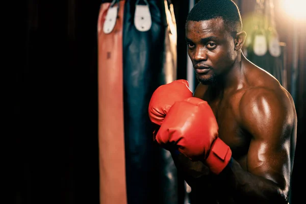 Boxeador Sin Camisa Posando Boxeador Negro Afroamericano Con Guante Rojo —  Fotos de Stock