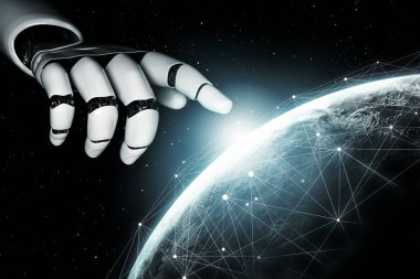 3D Rending Futuristic robot teknolojisi geliştirme, yapay zeka yapay zeka ve makine öğrenme konsepti. Gelecekteki insan hayatı için küresel robot biyonik bilim araştırması. 3B illüstrasyon