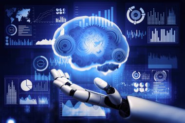 3D Rending Futuristic robot teknolojisi geliştirme, yapay zeka yapay zeka ve makine öğrenme konsepti. Gelecekteki insan hayatı için küresel robot biyonik bilim araştırması. 3B illüstrasyon