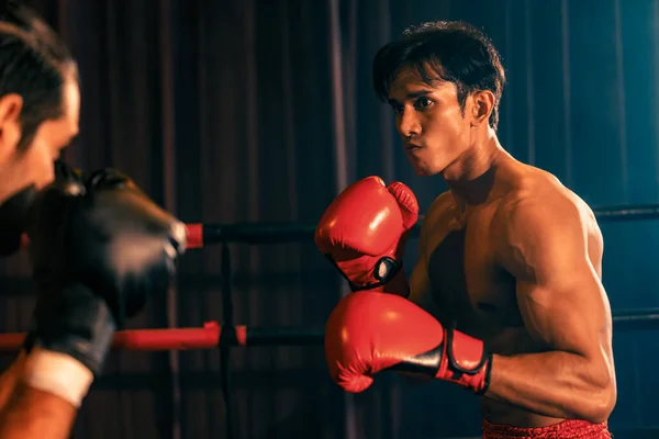 Asiatische Und Kaukasische Muay Thai Boxer Entfesseln Ihre Macht Erbitterten — Stockfoto