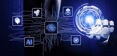 3D Rending Futuristic robot teknolojisi geliştirme, yapay zeka yapay zeka ve makine öğrenme konsepti. Gelecekteki insan hayatı için küresel robot biyonik bilim araştırması. 3B illüstrasyon