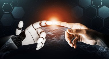 3D Rending Futuristic robot teknolojisi geliştirme, yapay zeka yapay zeka ve makine öğrenme konsepti. Gelecekteki insan hayatı için küresel robot biyonik bilim araştırması. 3B illüstrasyon