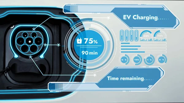 近い将来の革新的なホログラムの技術進歩とEv充電ポートは 人工知能によって充電の状態と時間のデジタルスマートデータを表示します Peruse — ストック写真