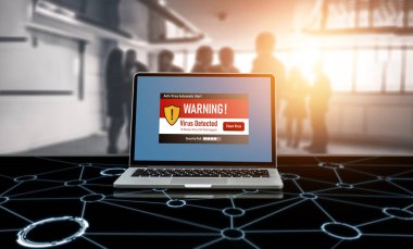 Bilgisayar ekranındaki virüs uyarısı mobil siber tehdit, hacker, bilgisayar virüsü ve kötü amaçlı yazılım tespit edildi