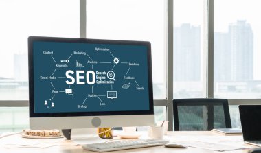 Model e-ticaret için SEO arama motoru optimizasyonu ve bilgisayar ekranında gösterilen çevrimiçi perakende işi