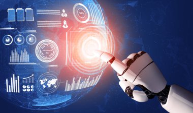 3D Rending Futuristic robot teknolojisi geliştirme, yapay zeka yapay zeka ve makine öğrenme konsepti. Gelecekteki insan hayatı için küresel robot biyonik bilim araştırması. 3B illüstrasyon