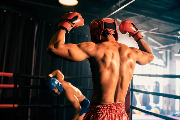 Boxeador Intimidación Con Victoria Ganador Posando Después Ganar Combate Boxeo — Foto de Stock