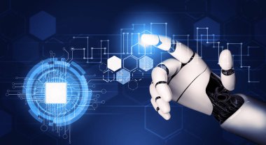 3D Rending Futuristic robot teknolojisi geliştirme, yapay zeka yapay zeka ve makine öğrenme konsepti. Gelecekteki insan hayatı için küresel robot biyonik bilim araştırması. 3B illüstrasyon
