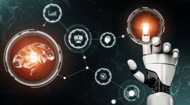 3D Rending Futuristic robot teknolojisi geliştirme, yapay zeka yapay zeka ve makine öğrenme konsepti. Gelecekteki insan hayatı için küresel robot biyonik bilim araştırması. 3B illüstrasyon