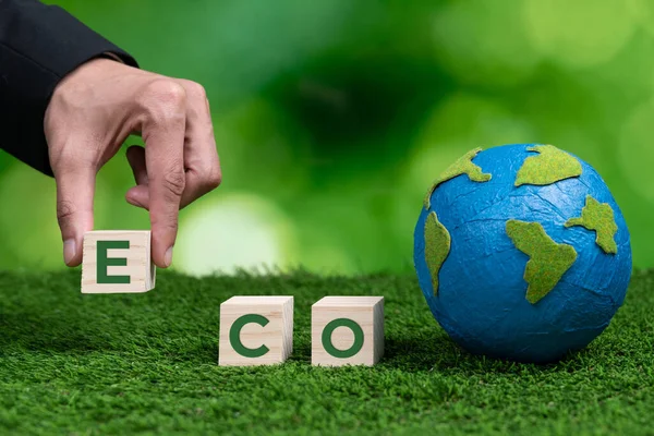 Empresário Mão Segurando Cubo Madeira Com Símbolo Eco Globo Papel — Fotografia de Stock