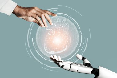3D tıbbi yapay zeka robotu geleceğin hastanesinde çalışıyor. Hasta ve biyomedikal teknoloji konsepti için gelecekteki protez sağlık hizmetleri.