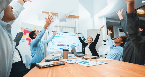 Group Office Worker Celebrate Meeting Room Throwing Paperwork Air Excitement — Stock Photo, Image