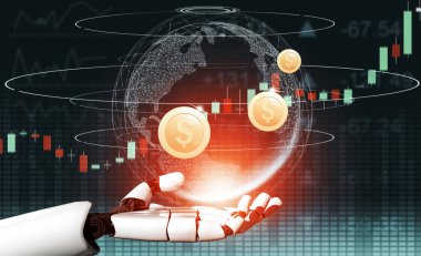 3D Rending Futuristic robot teknolojisi geliştirme, yapay zeka yapay zeka ve makine öğrenme konsepti. Gelecekteki insan hayatı için küresel robot biyonik bilim araştırması. 3B illüstrasyon