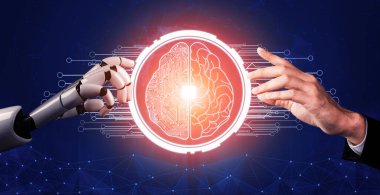 3D Rending Futuristic robot teknolojisi geliştirme, yapay zeka yapay zeka ve makine öğrenme konsepti. Gelecekteki insan hayatı için küresel robot biyonik bilim araştırması. 3B illüstrasyon