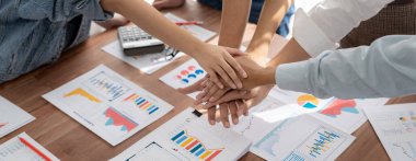 Analist ekibi, iş stratejisi ve pazarlama için finansal konsol belgelerini başarıyla analiz ettikten sonra el ele verdi. Takım çalışması ve birlik el ele tutuşarak ofiste. Panorama çekimi. İnceleyin