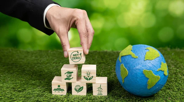 Бізнесмен Рука Паперовим Глобусом Чистим Нульовим Кубом Символів Екологічної Обізнаності — стокове фото